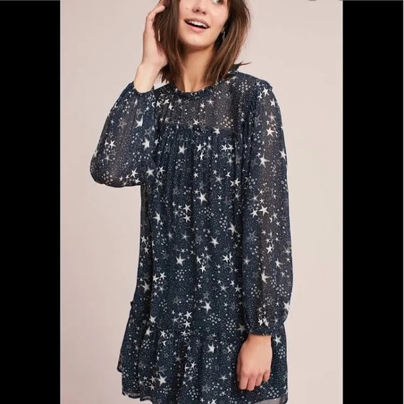 Anthropologie Velvet Graham & Spencer Star Print Tanya Shirt Dress Small Navy - Picture 1 of 16